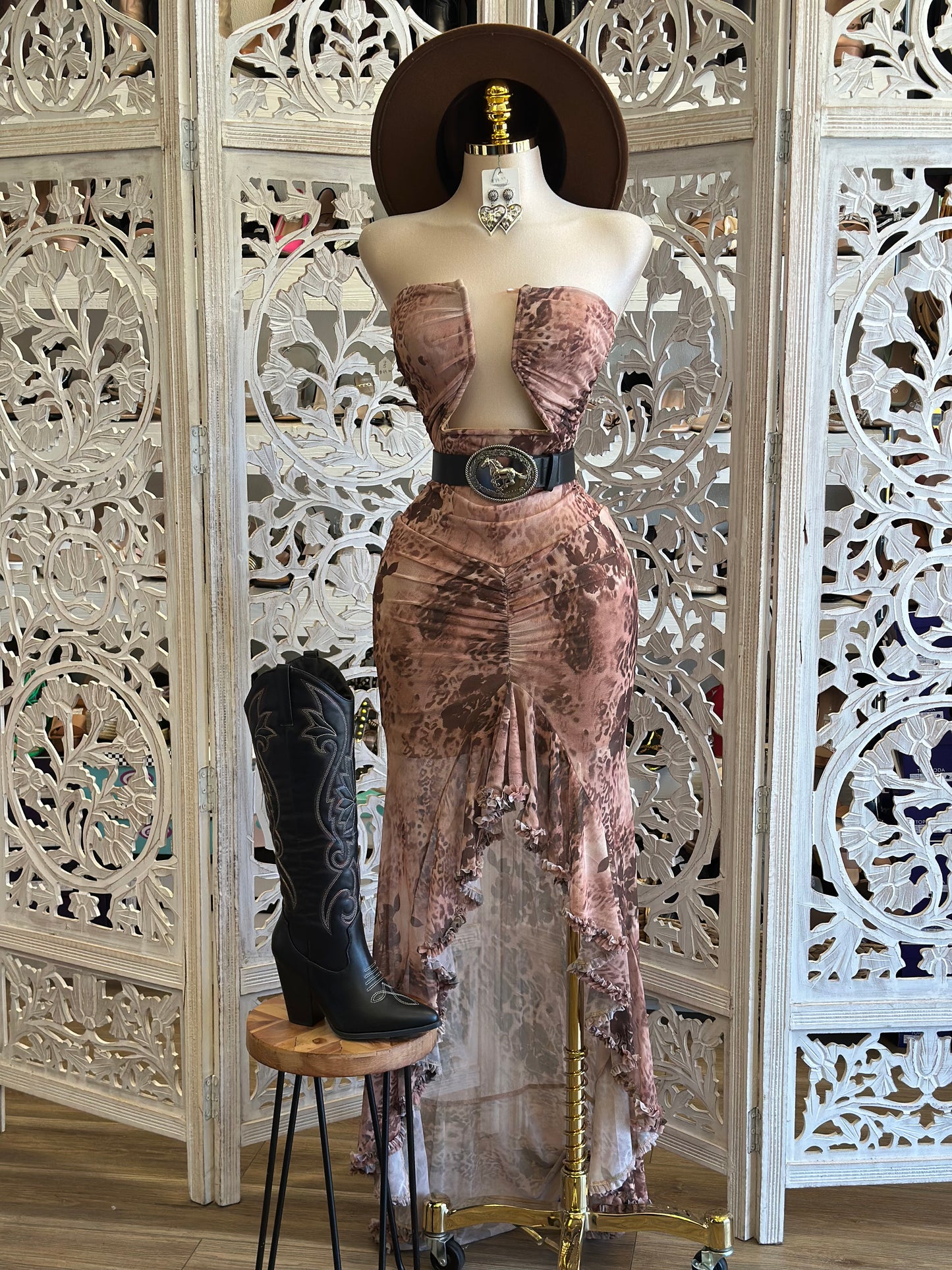 Brown Printed Open Front Dress- Stretchy, Estira