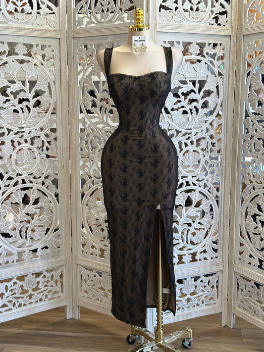 Nude and Black Lace Bodycon Midi Dress- Stretchy ,