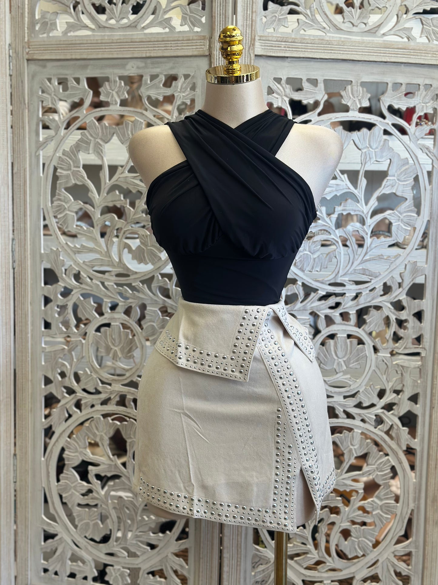 Ivory Suede Studded Mini Skirt- Stretchy , Estira