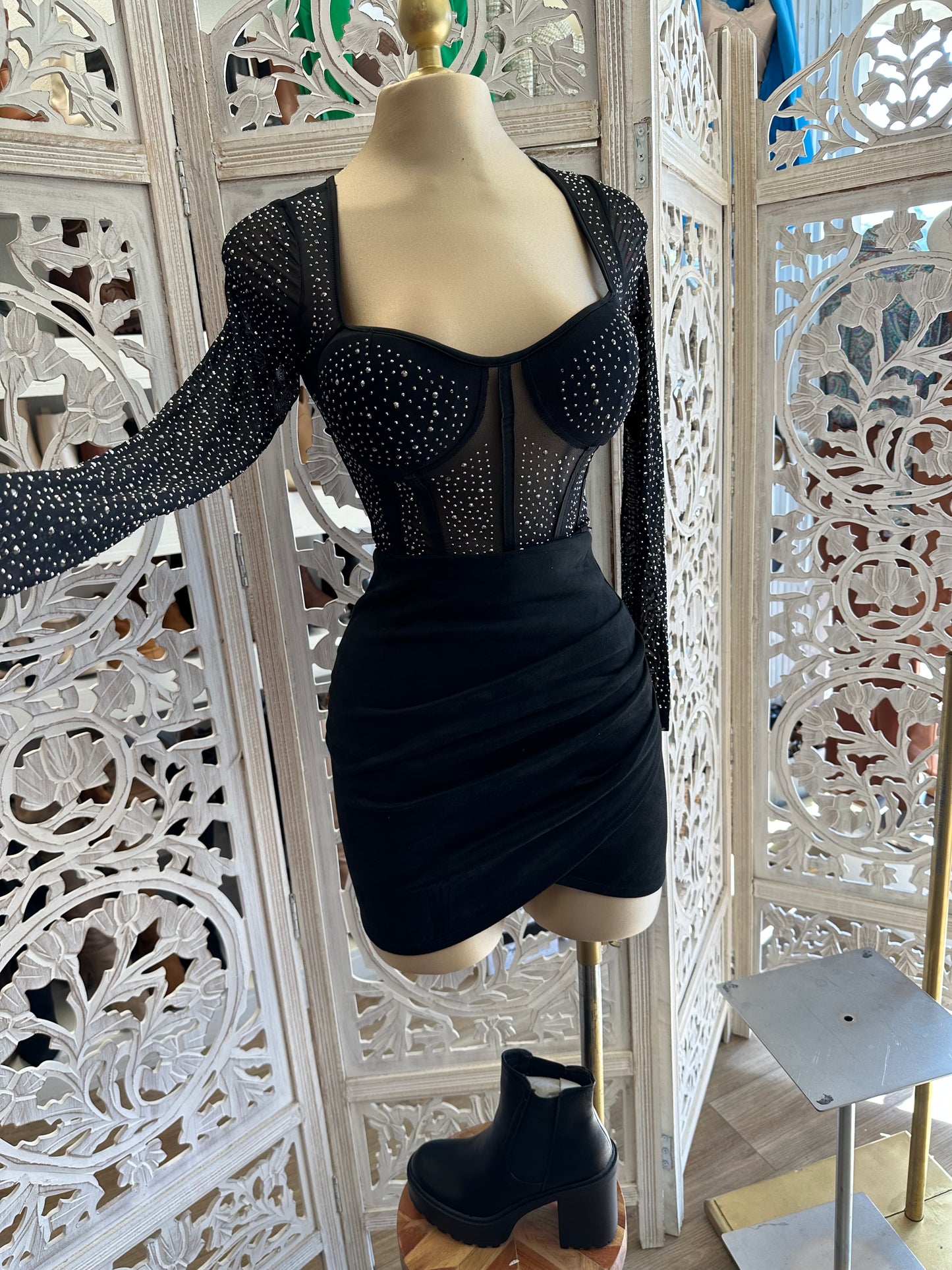 Black Mesh Embellished Top