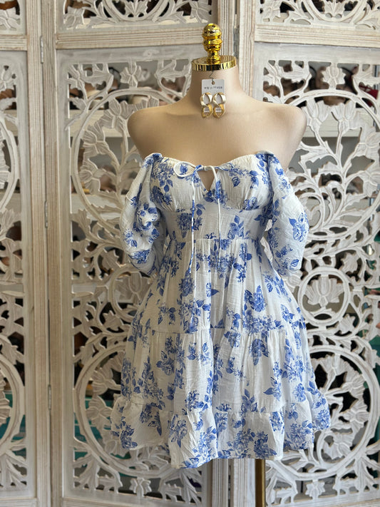 Blue Floral Mini Dress- Stretchy, Estira