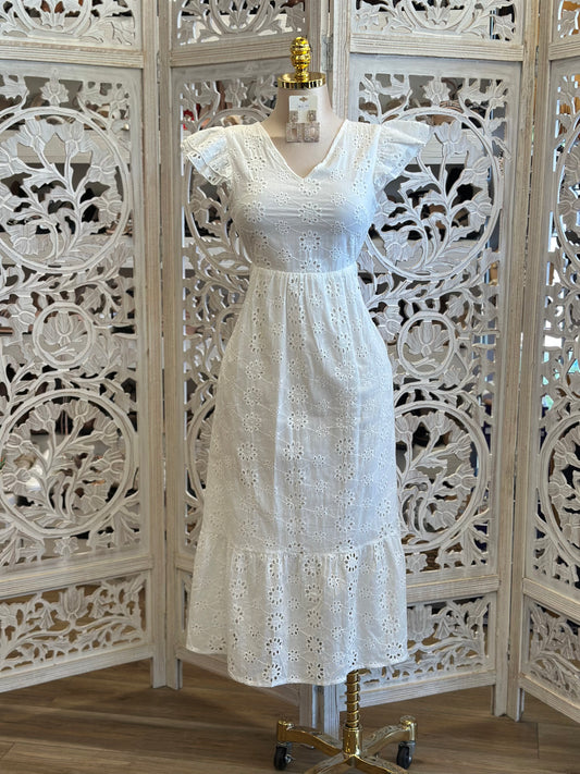 White Eyelet Open Back Midi Dress- Not Stretchy , No Estira