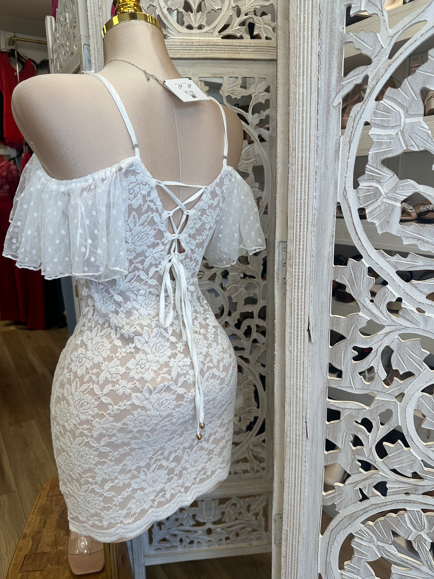 Cross Front Lace Mini Dress- Stretchy, Estira