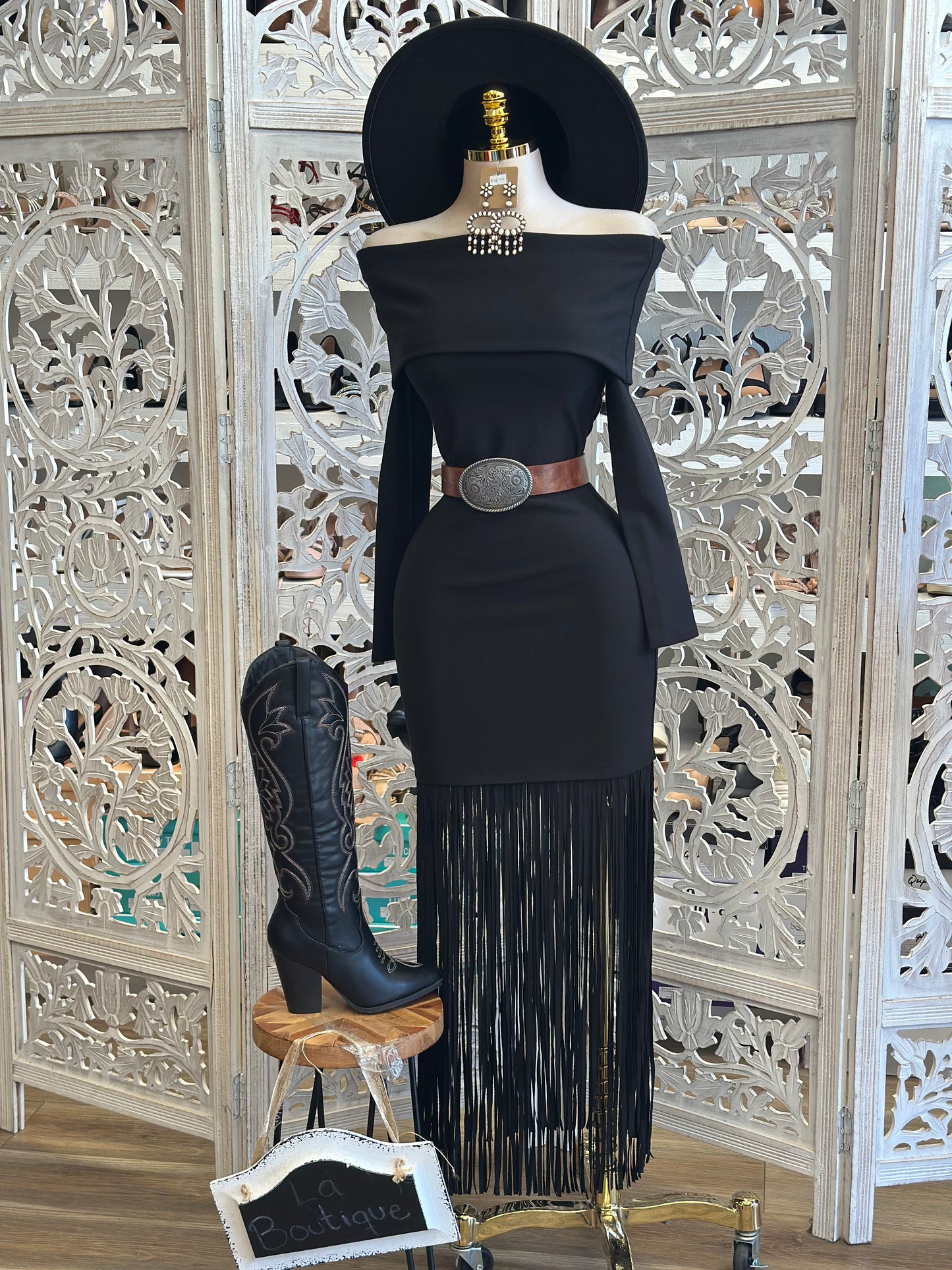 Fringe Off Shoulder Black Dress-No Estira, Not Stretchy
