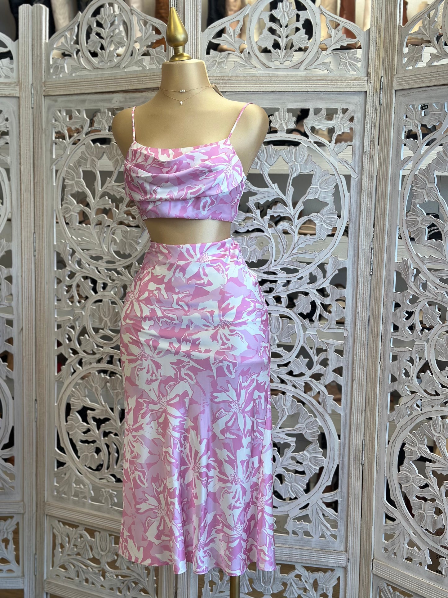 Pink Patterned Midi Skirt Set- Not Stretchy