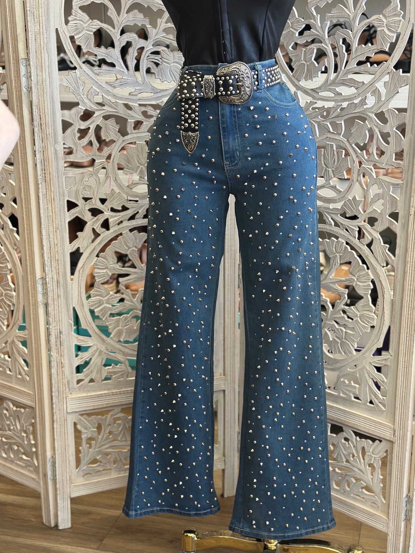 Rhinestone Dark Denim Wide Jeans - Stretchy, Estira