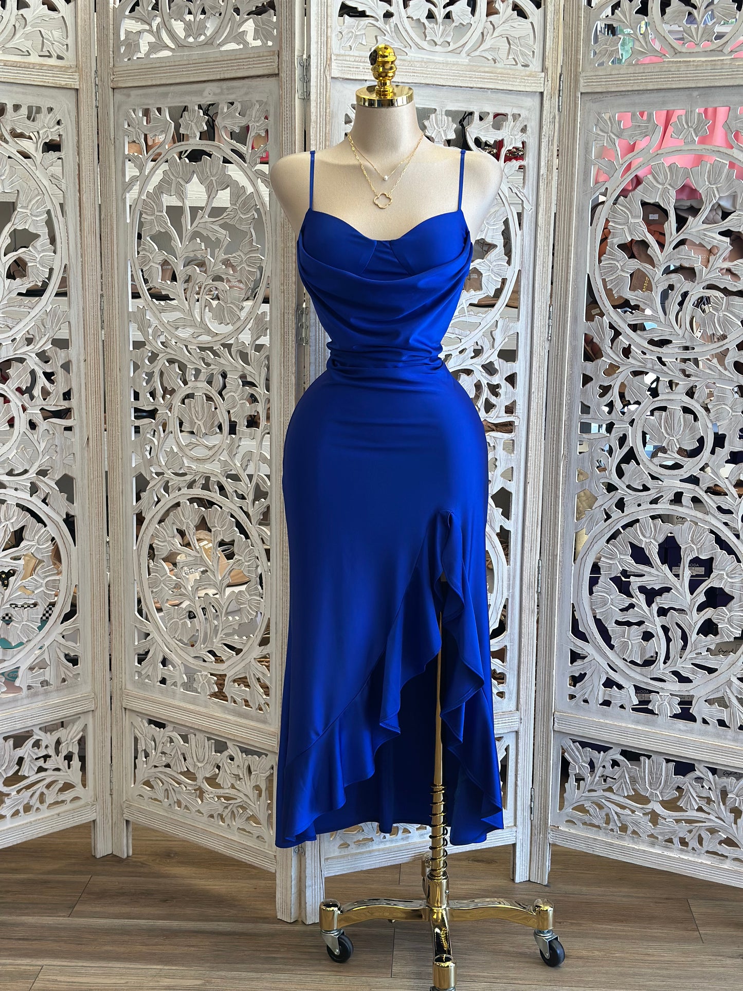 Royal Blue Ruffle Slit Cami Midi Dress - Estira, Stretchy
