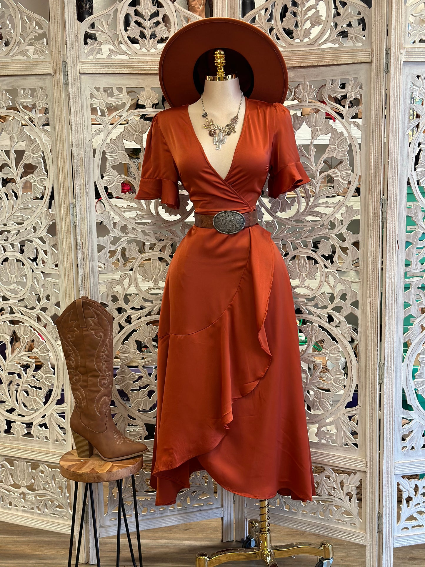 Deep Rust Wrapped Midi Satin Dress- Not Stretchy, No Estira