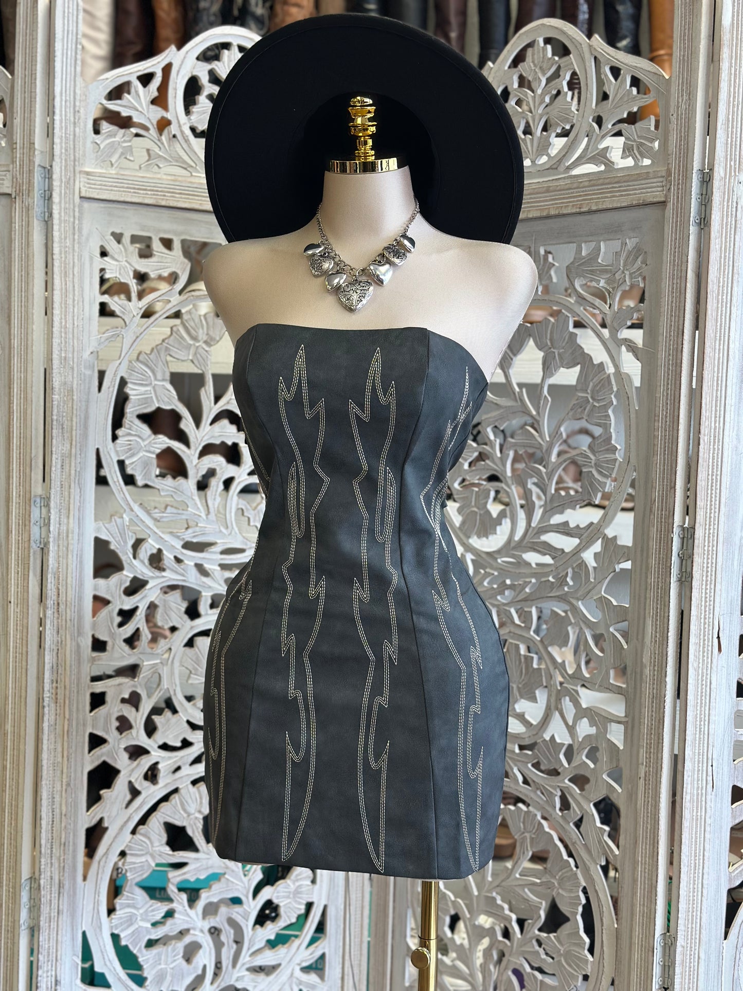 Faux Leather Western Mini Dress- Not Stretchy,No Estira