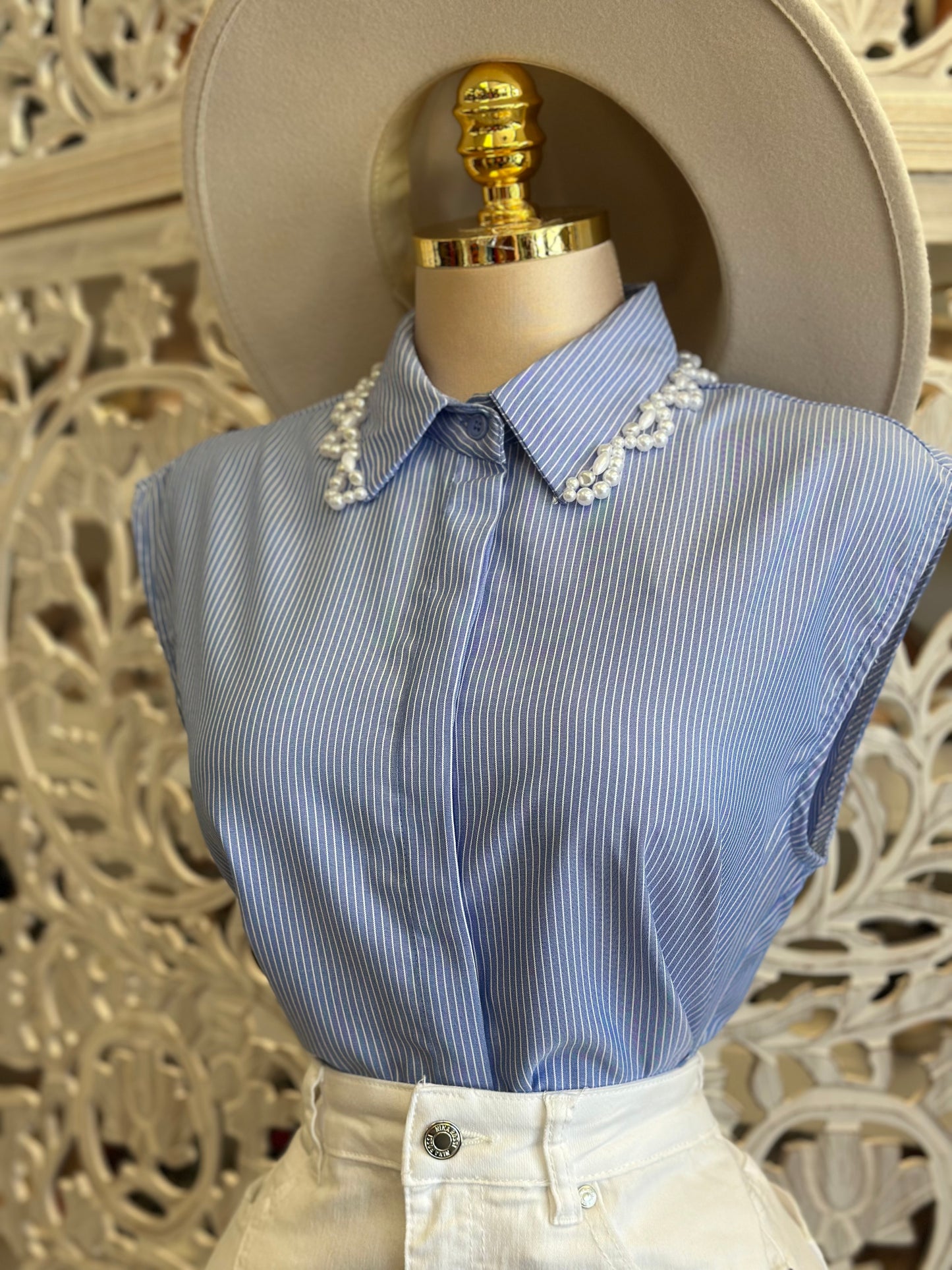 Blue Stripe Pearl Collar Blouse - Stretchy, Estira