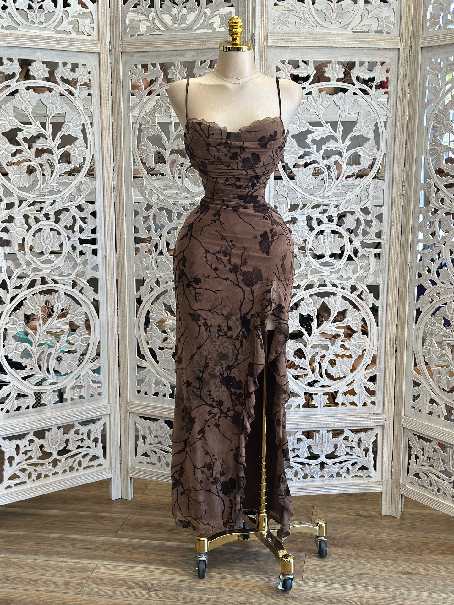 Forest Floral Lace Trim Midi Dress -  Estira, Stretchy