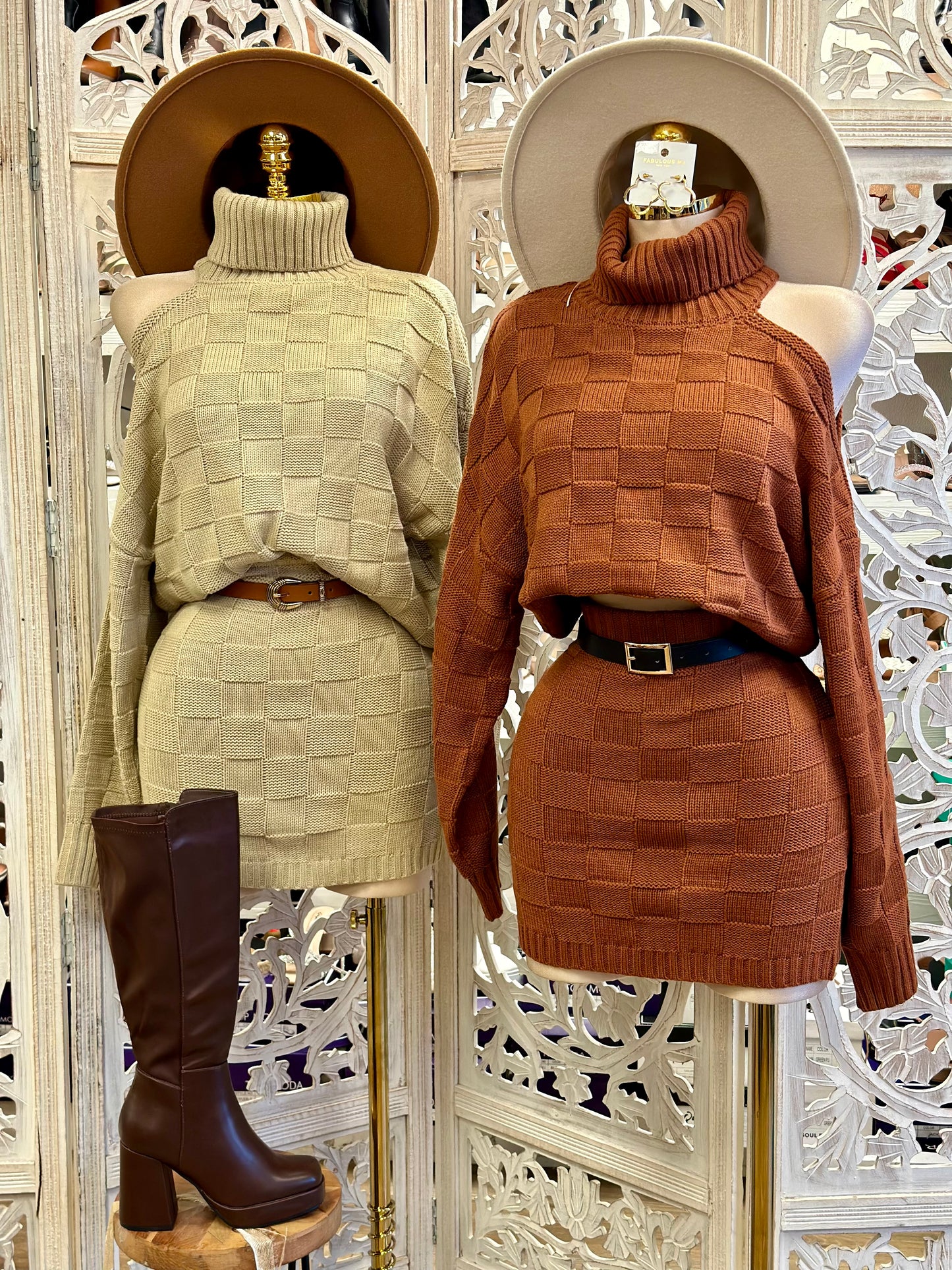 Checkered Shoulder Cutout Sweater Set- Stretchy,Estira.. viene ampliao