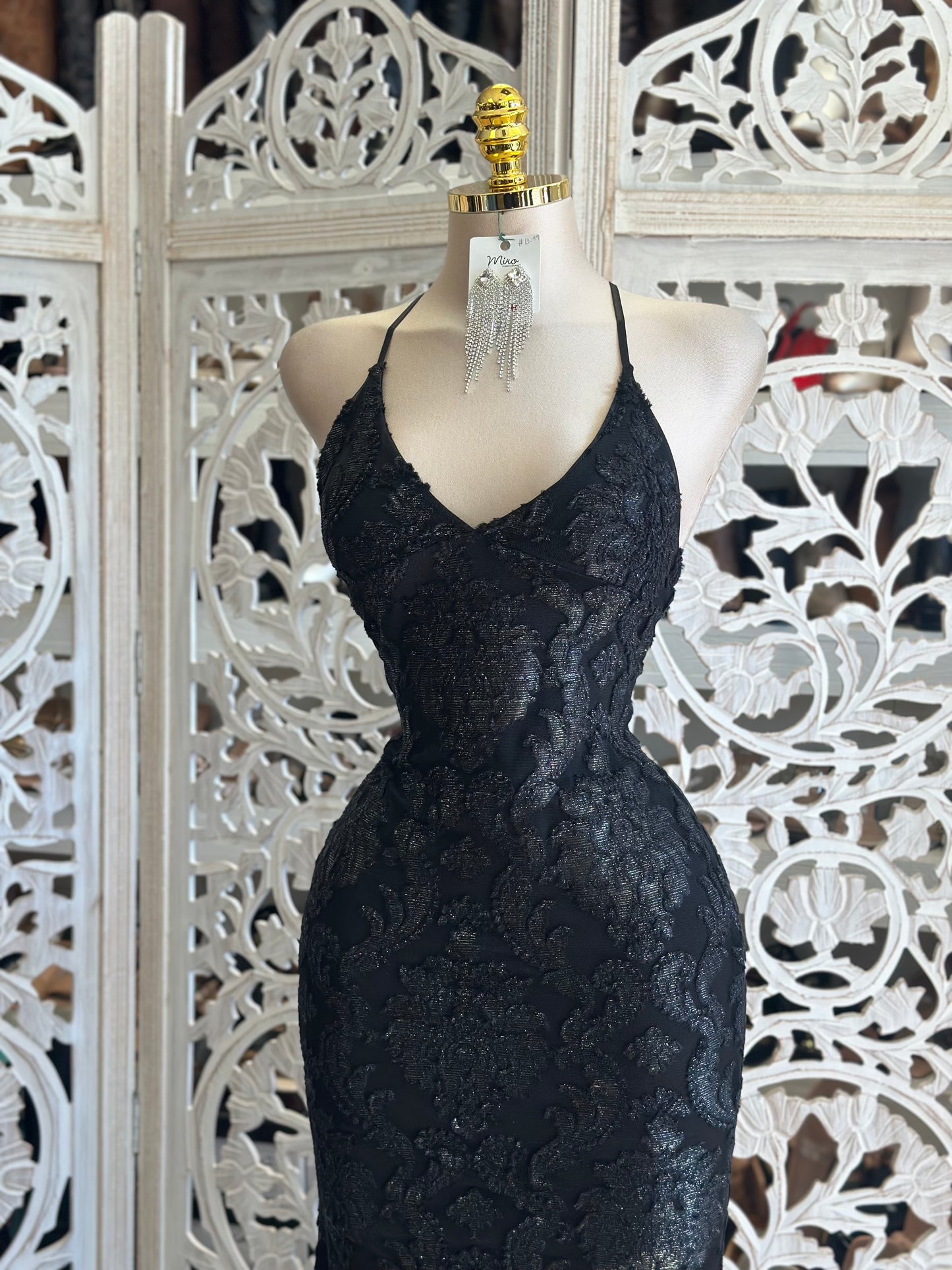 Cross back Glittery Floral Dress- Stretchy,Estira