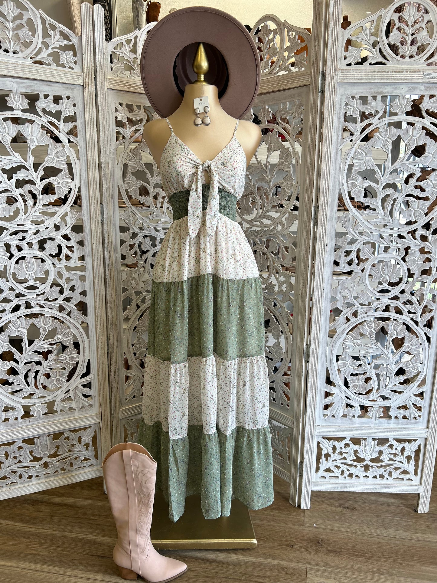 Bow Olive Multi Color Floral Maxi Dress- Not Stretchy