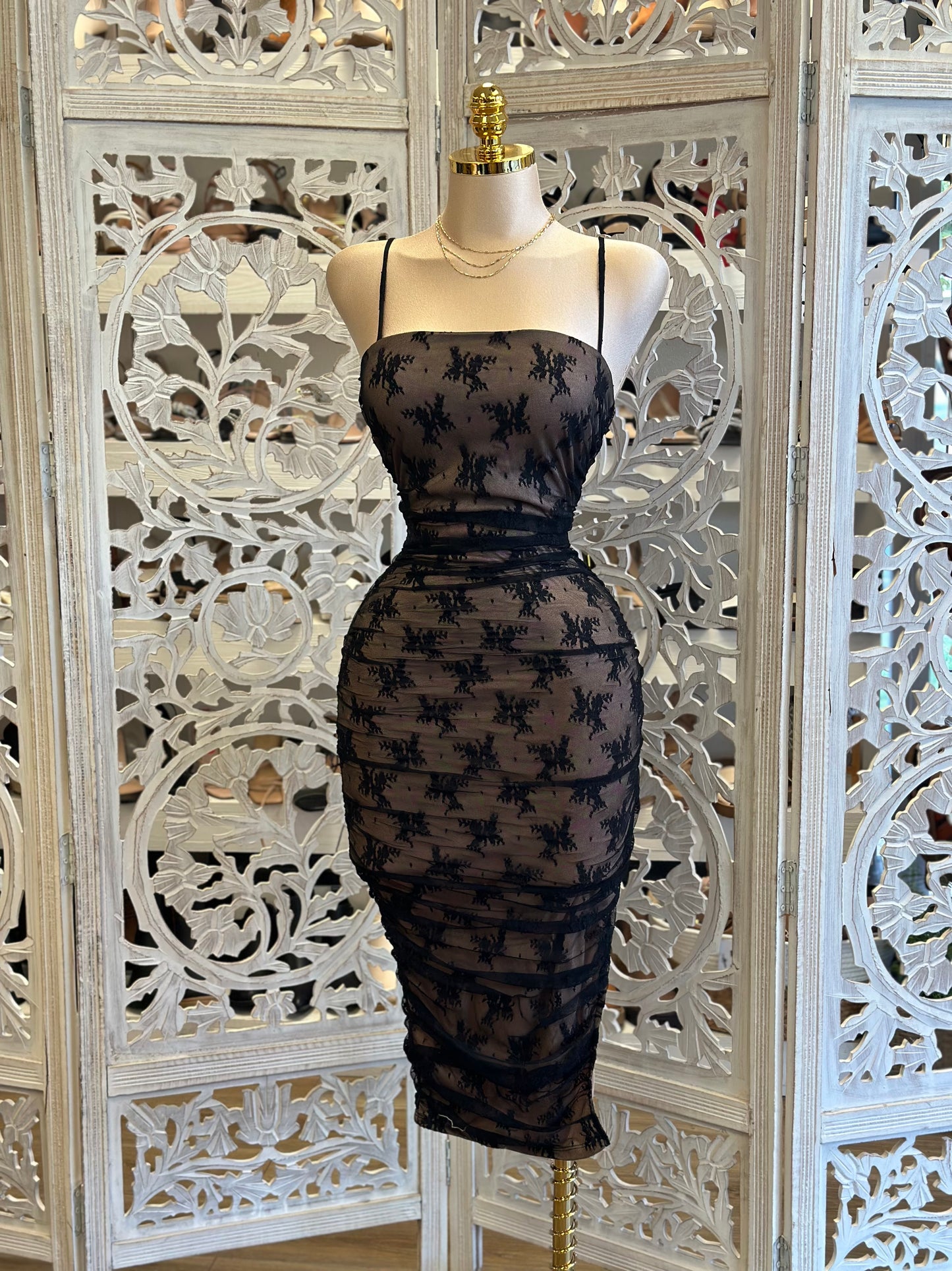 Thin Strap Black Lace Midi Dress- Stretchy,Estira