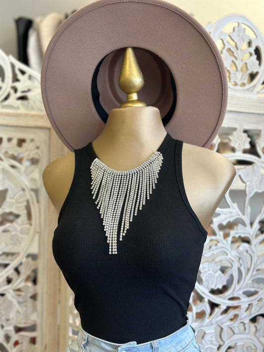 Black Fringe Ribbed Tank - Stretchy