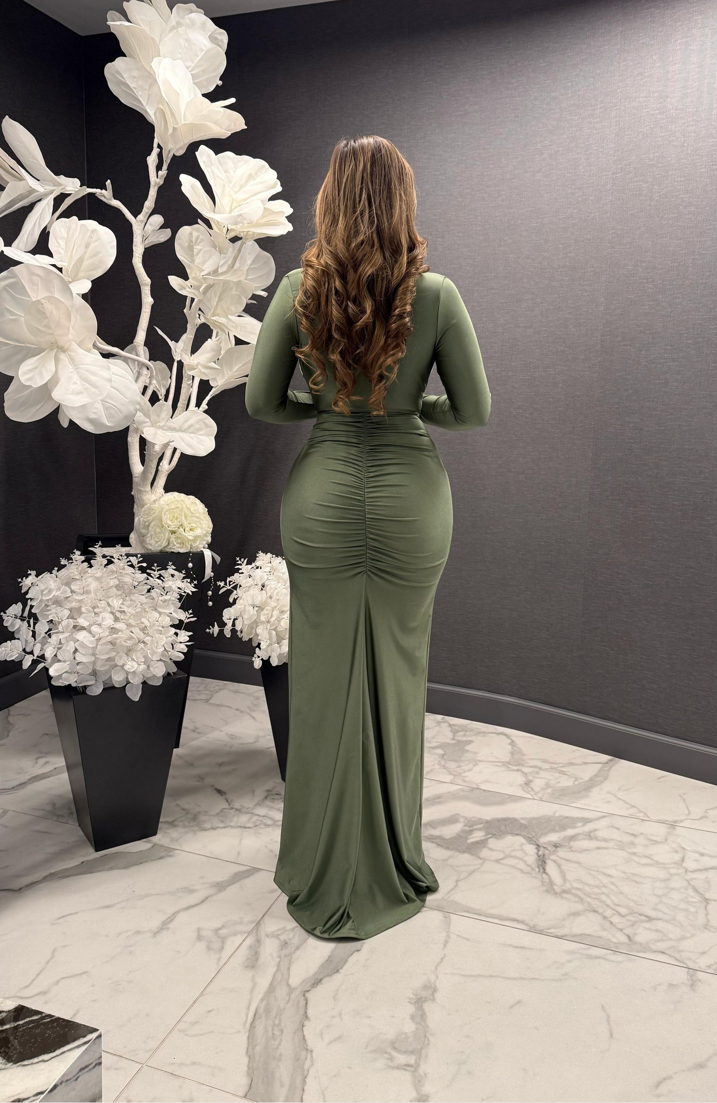 High Slit Knotted Olive Dress - Estira, Stretchy