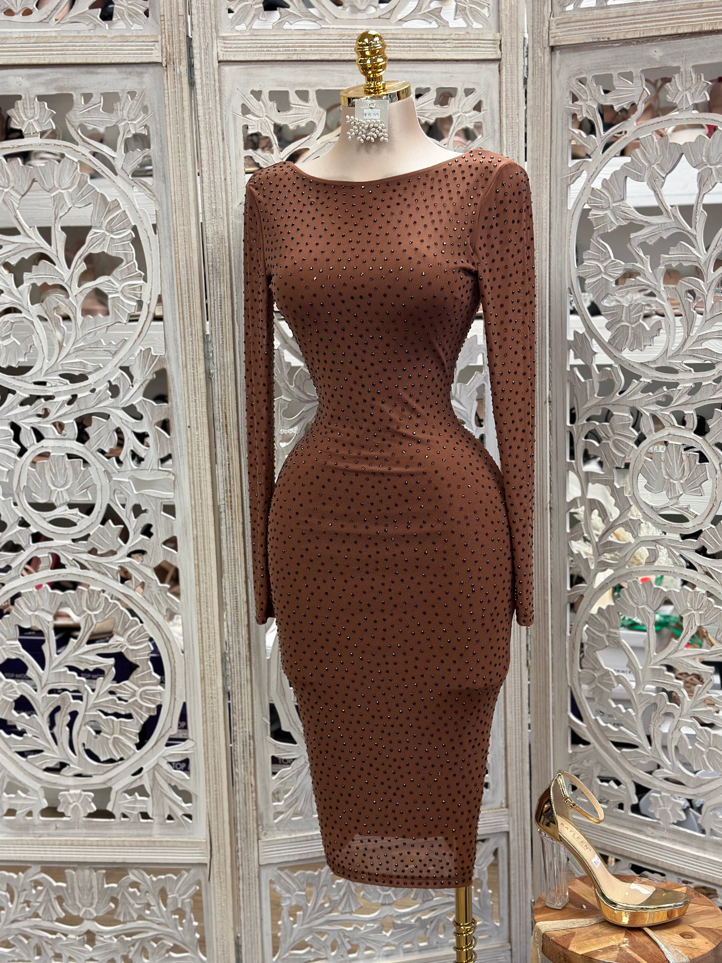 Ruched Rinestone Scoop Back Midi Dress- Stretchy, Estira