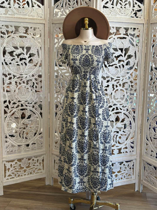 Off Shoulder Smocked Pattern Maxi Dress- Stretchy , Estira