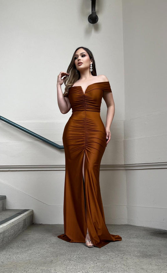 Copper Ruched Off Shoulder Gown- Stretchy, Estira