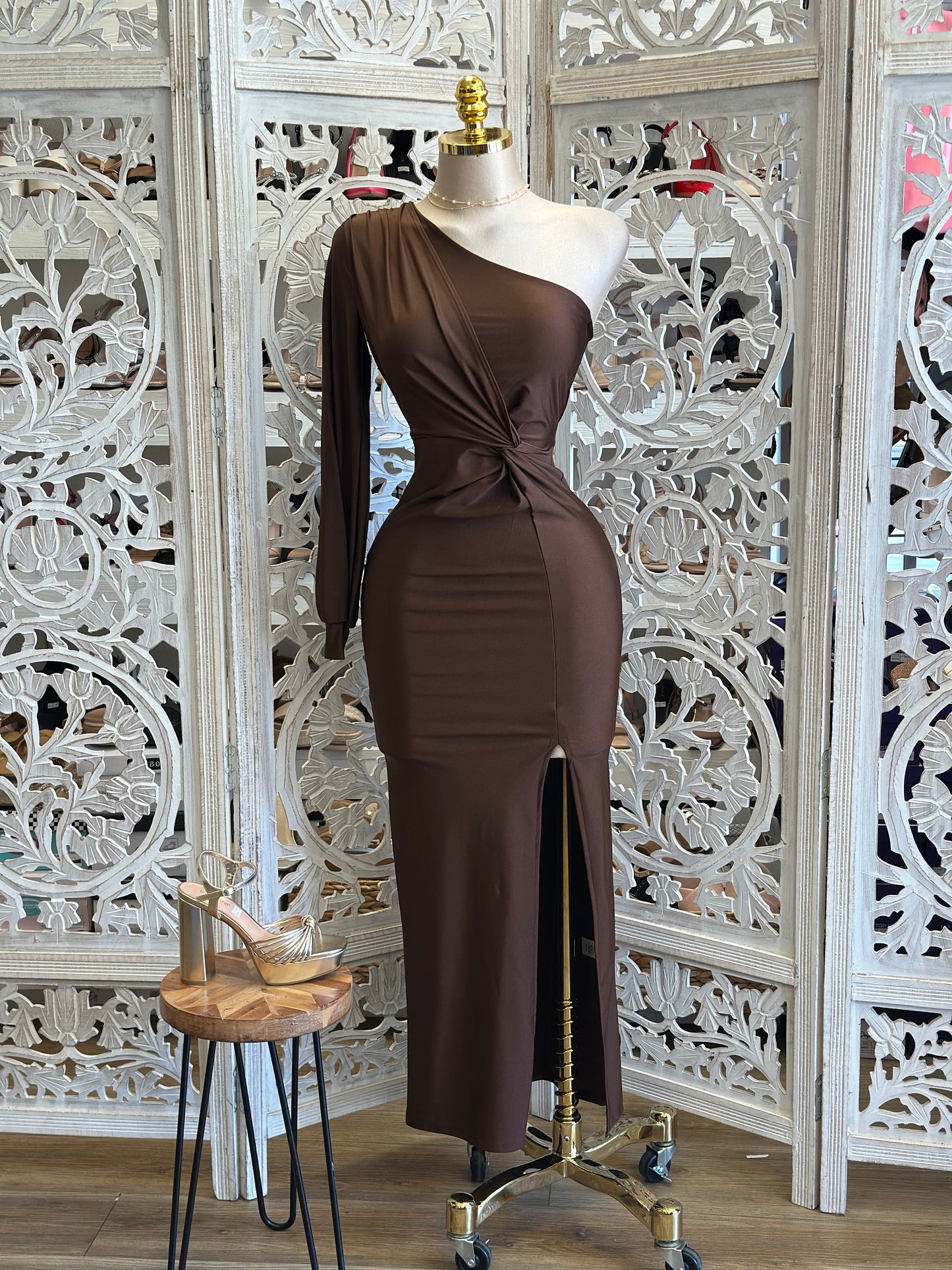 Deep Brown One Sleeve Knotted Dress- Stretchy