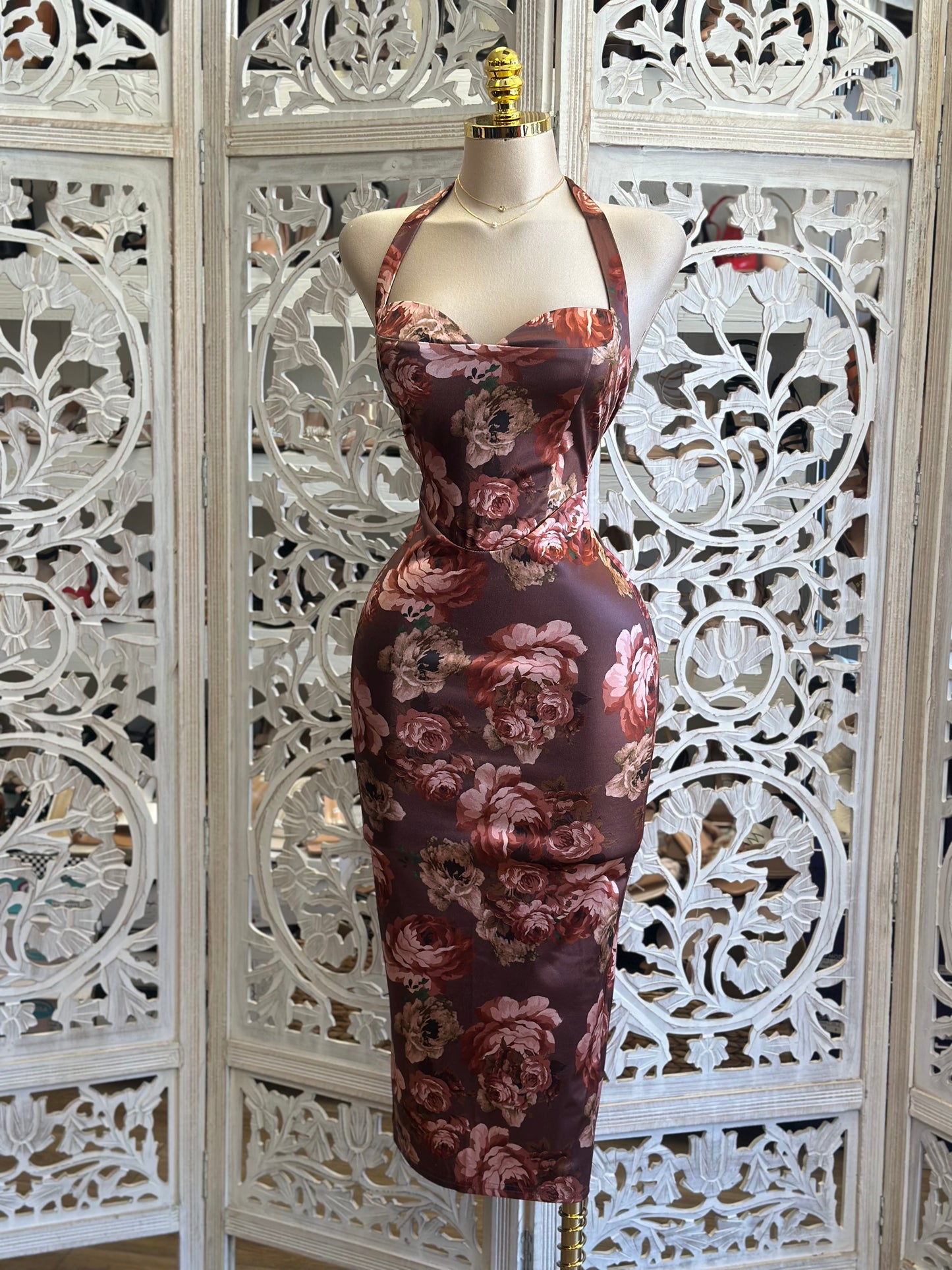 Backless Rose Wine Floral Midi Dress- Stretchy