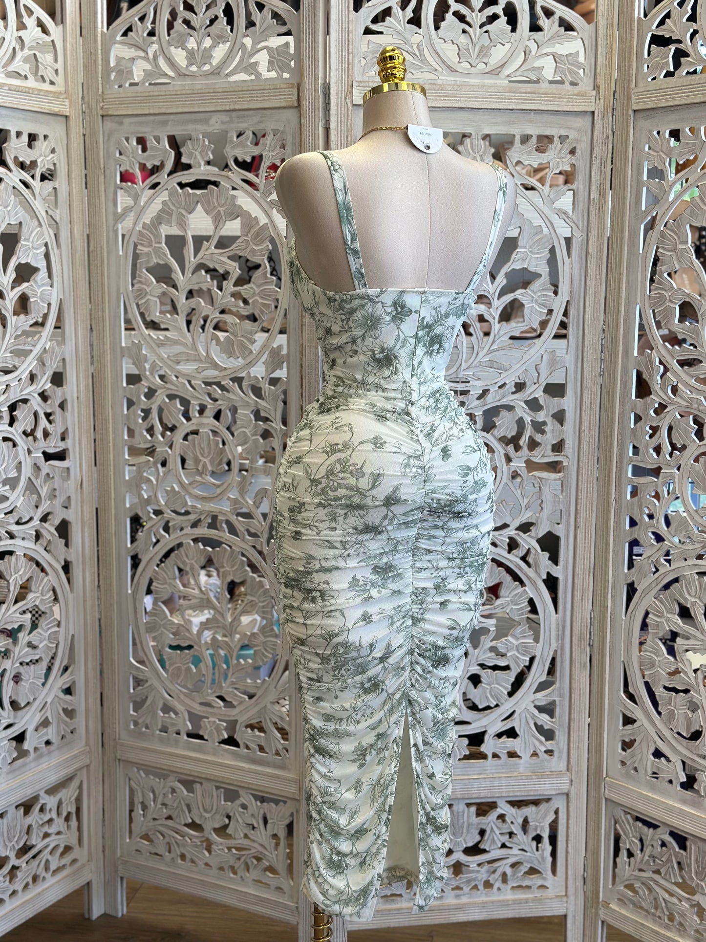 Sage Flowers Ruched Midi Bodycon Dress-Estira ,Stretchy