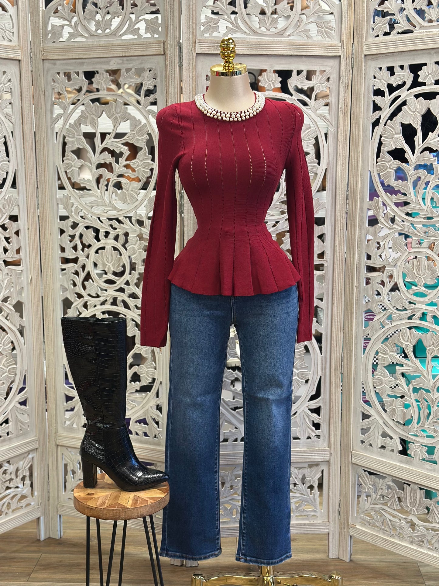 Knitted Deep Red Pearl Top- Estira, Stretchy