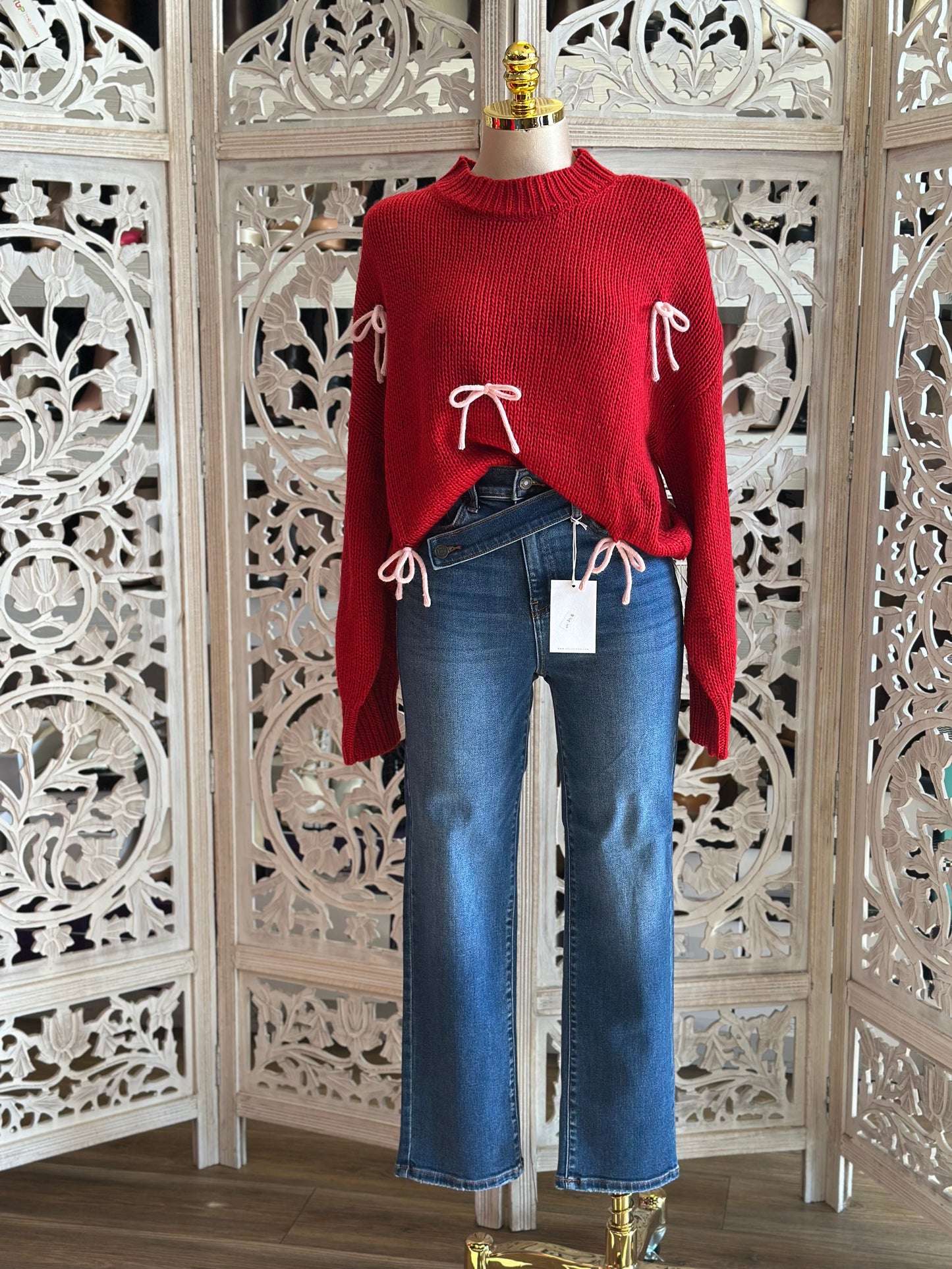 Bright Red Ribbon Detail Knit Sweater