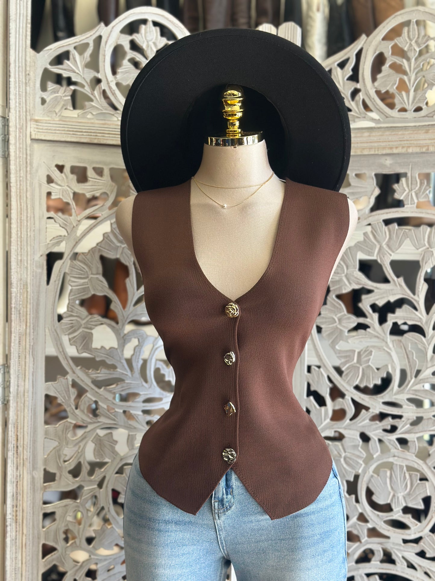 Brown Gold Rise Button Vest