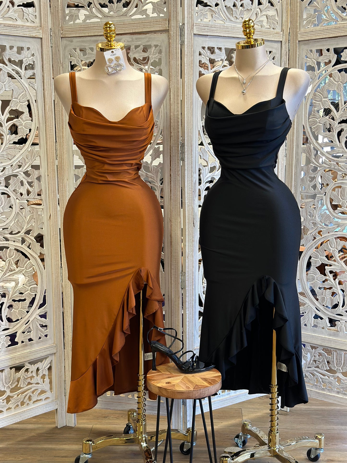 Thick Strap Heart Line Ruffle Dress - Estira, Stretchy