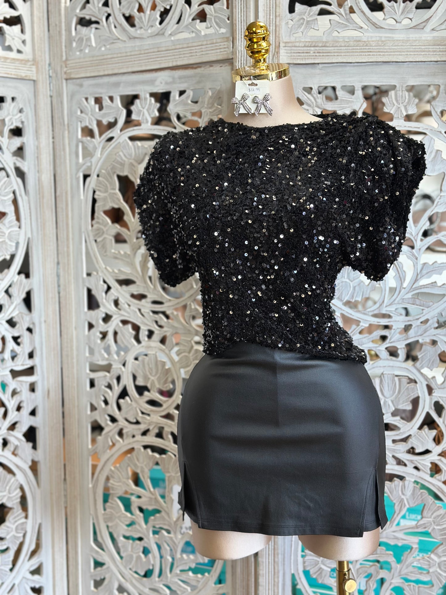 Black Sequin Short Sleeve Blouse- Estira, Stretchy