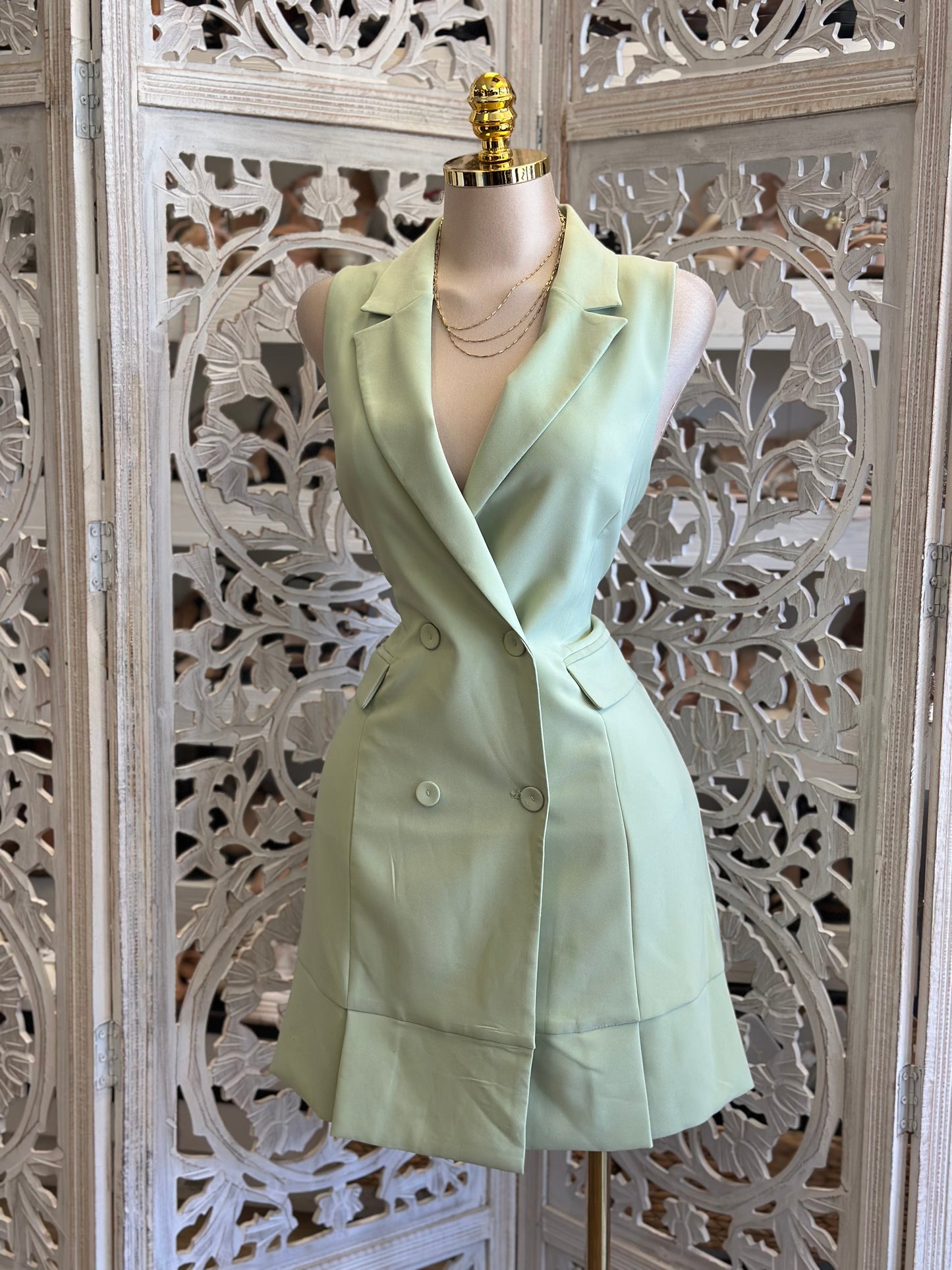 Light Green Vest Crossover Dress- Slightly Stretchy , Estira Poco