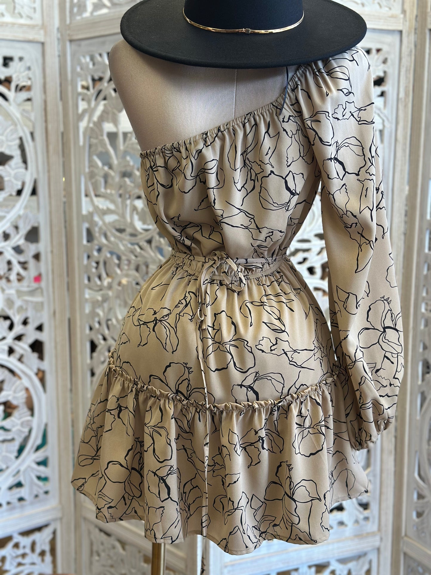 One Sleeve Tiered Floral Mini Dress