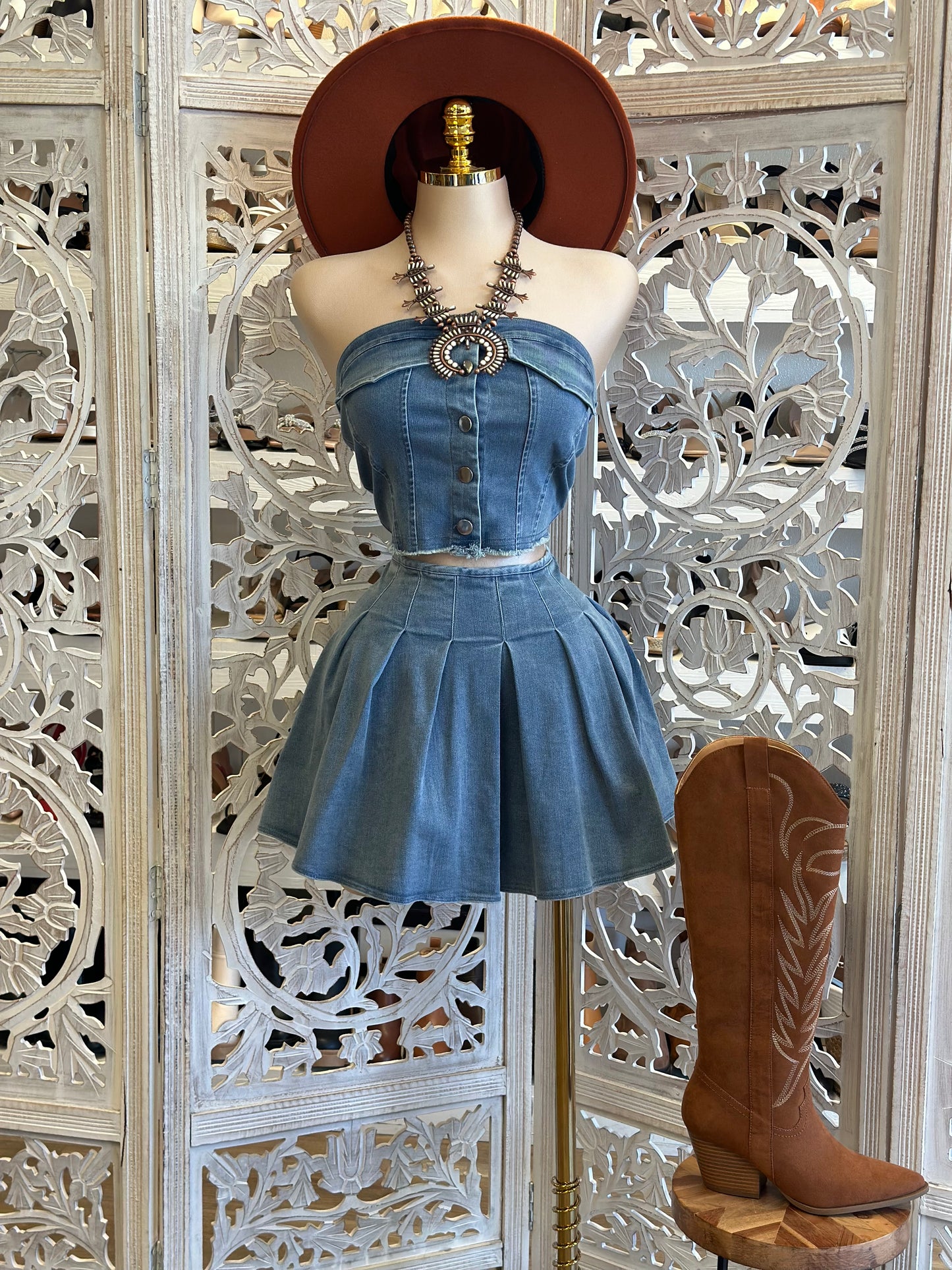 Denim Mini Skirt Set- Estira, Stretchy
