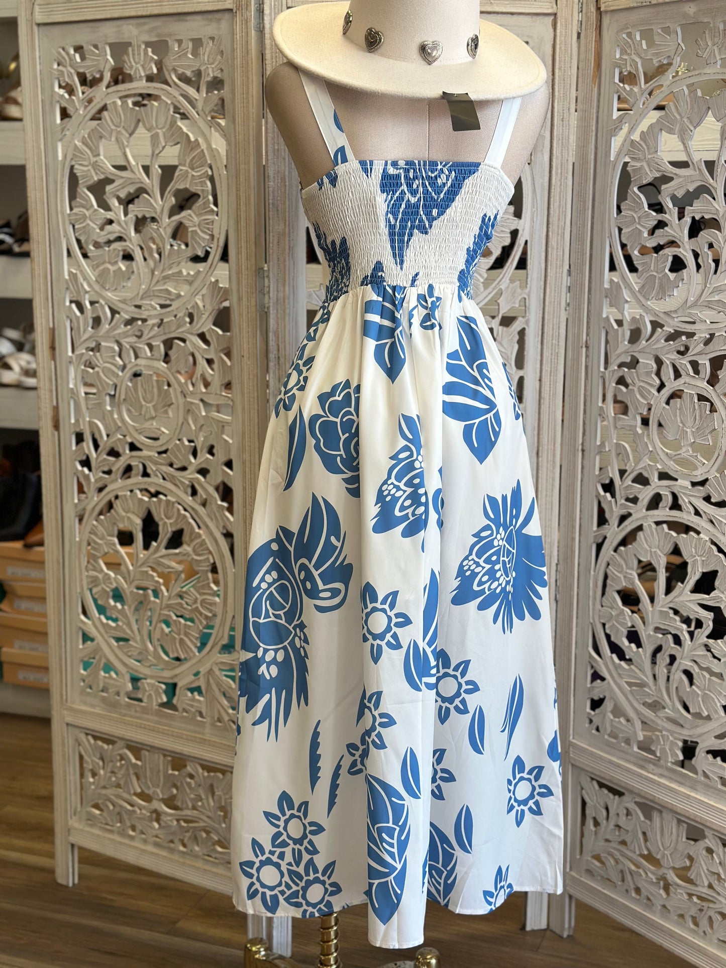 Milkmaid Blue Floral Midi Dress-Estira, Stretchy