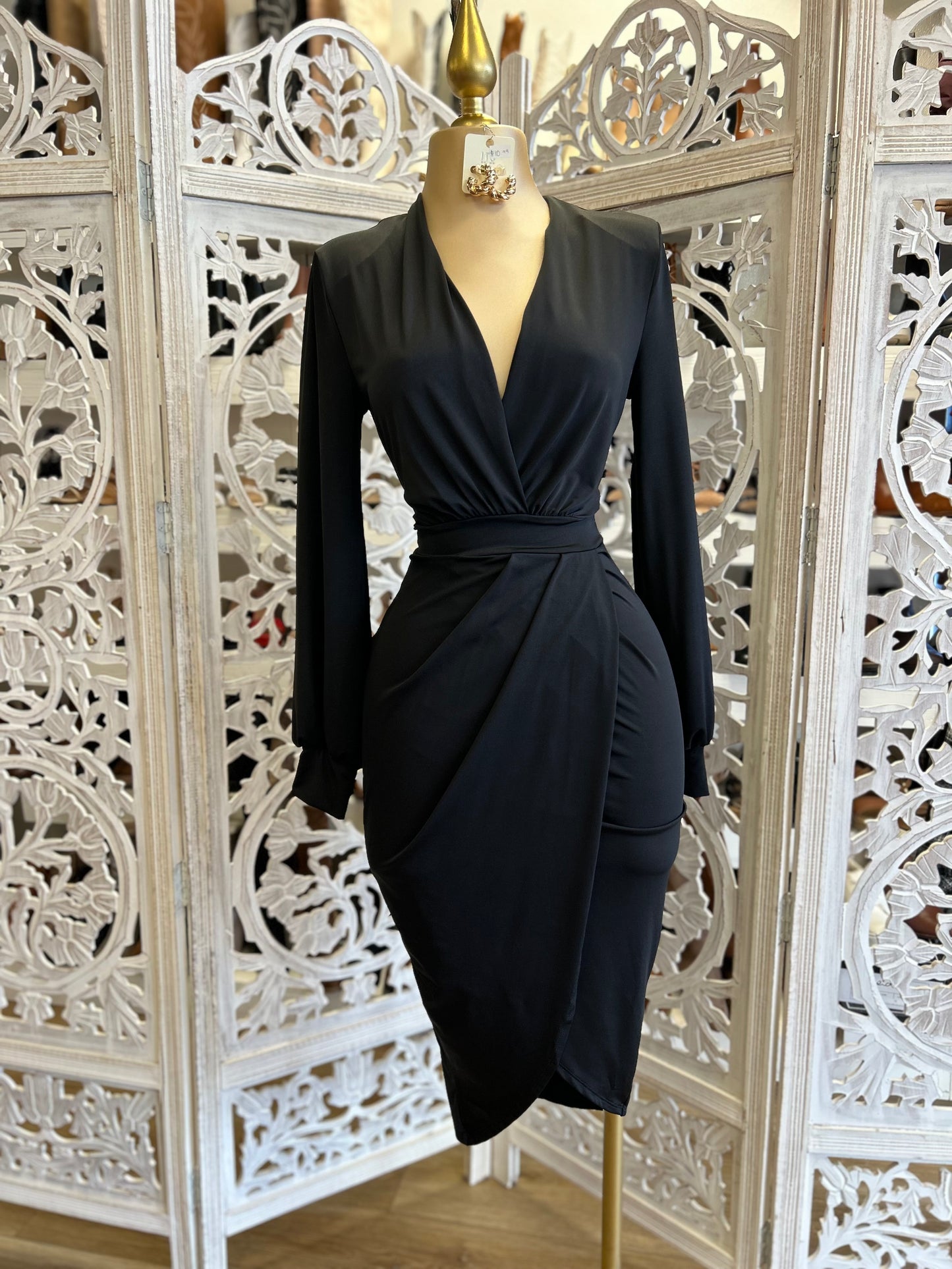 Black Draped Midi Dress- Very Stretchy