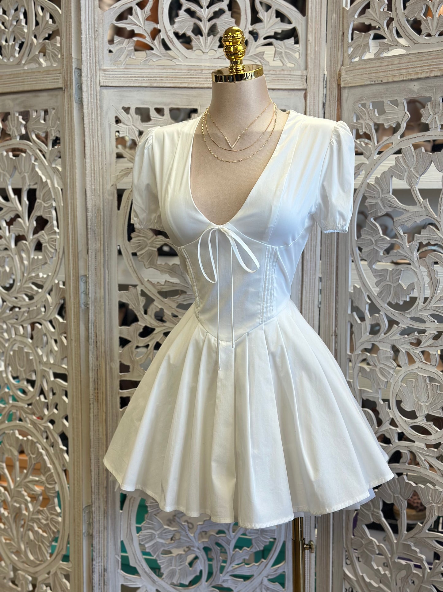Ivory Ribbon Fluffy Mini Dress- Not Stretchy, No Estira