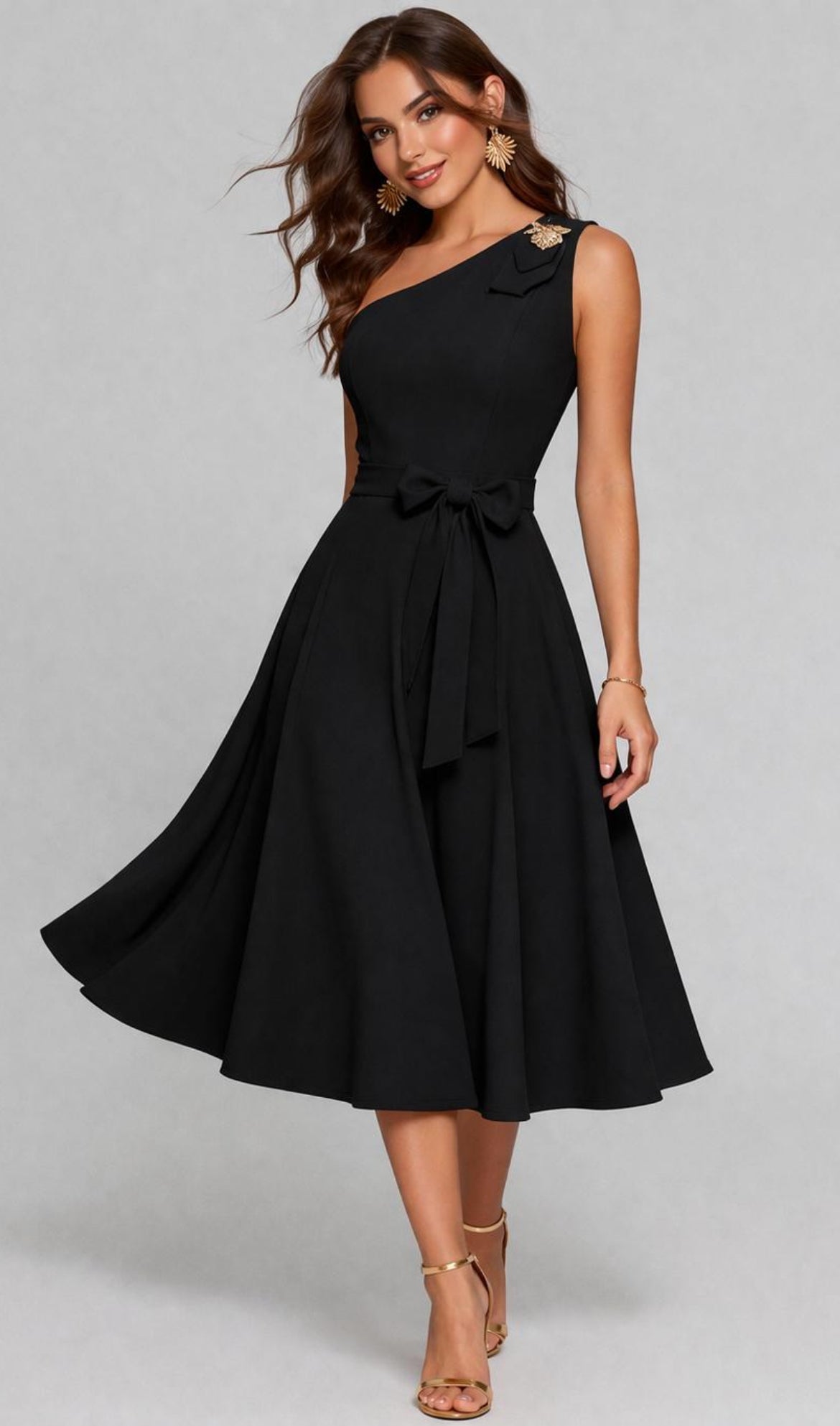 Black Brass Detail Flare Dress - Estira, Stretchy