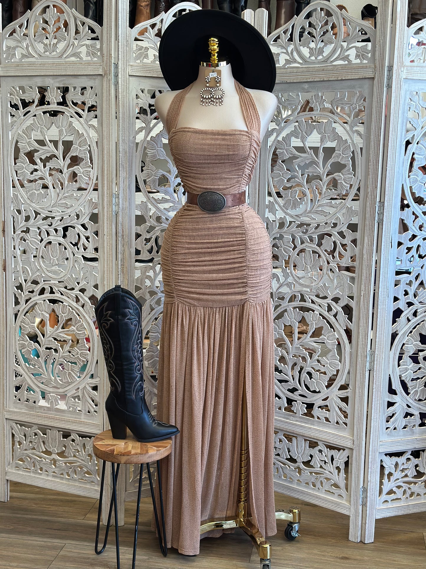 Ruched Tie Back Maxi Dress - Estira, Stretchy