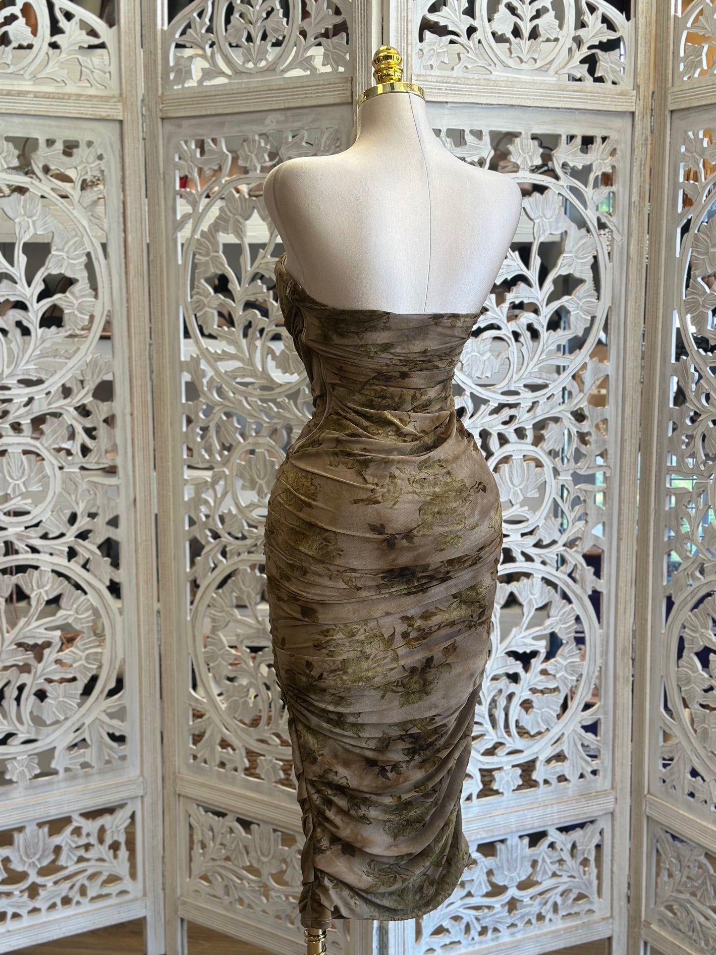Strapless Taupe Floral Midi Dress- Stretchy , Estira