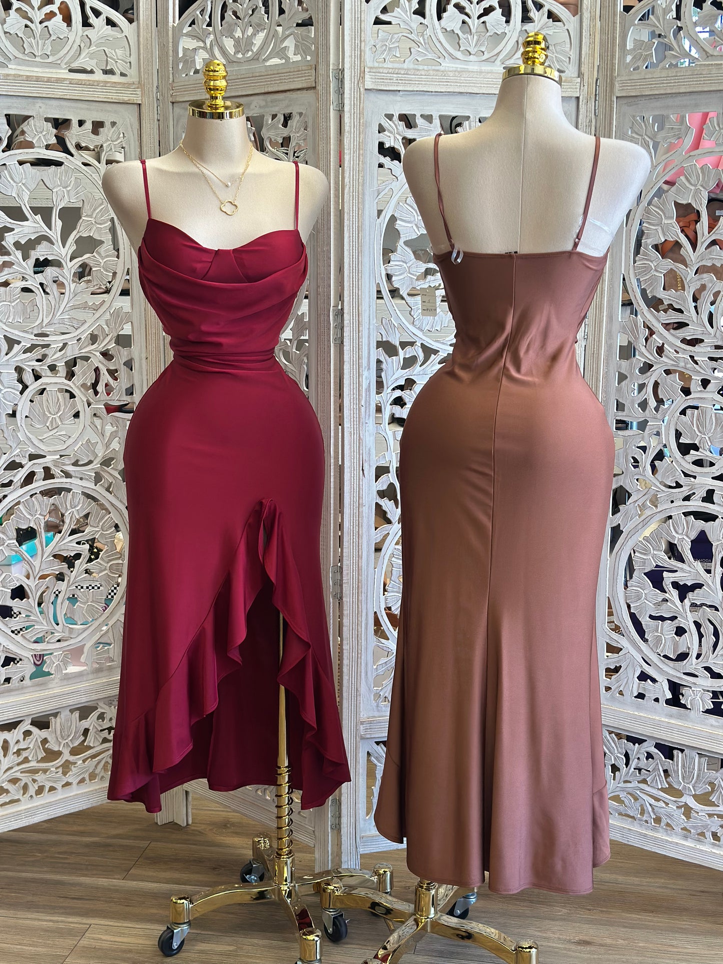 Ruffle Slit Cami Midi Dress - Estira, Stretchy