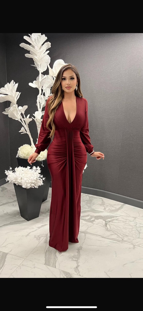 Burgundy Deep V Split Ruched Maxi Dress- Stretchy, Estira