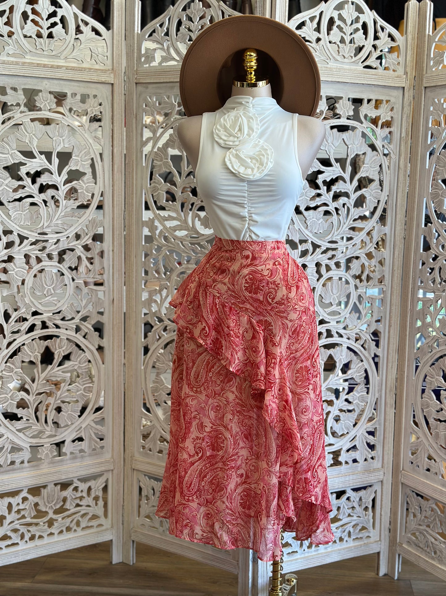 Red Ruffle Pattern Midi Skirt- NotStretchy , No Estira