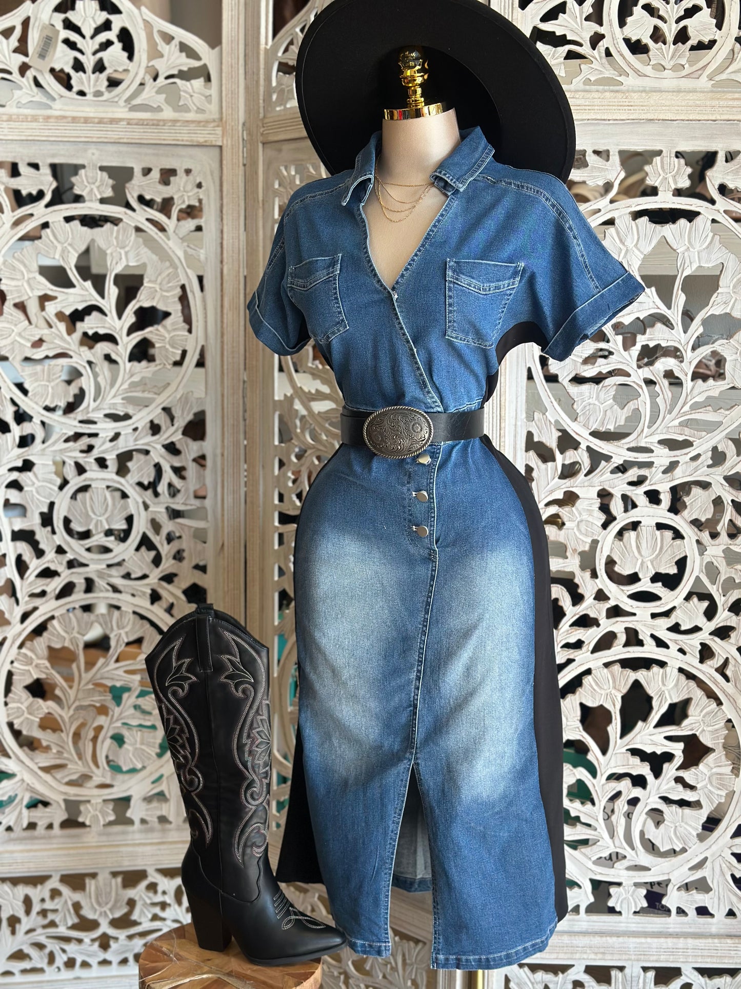Denim Wrapped Collard Midi Dress- Stretchy,Estira