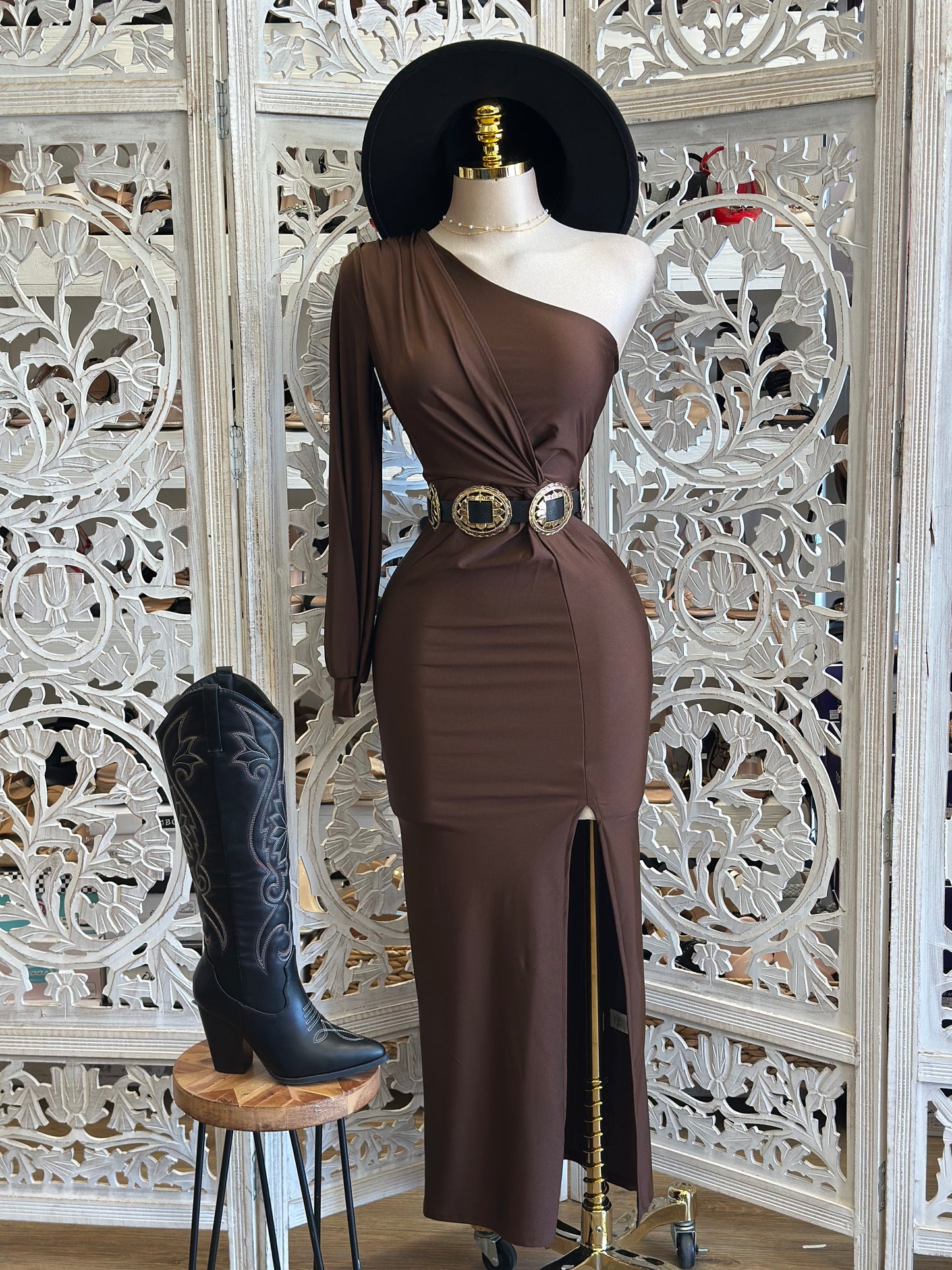 Deep Brown One Sleeve Knotted Dress- Stretchy