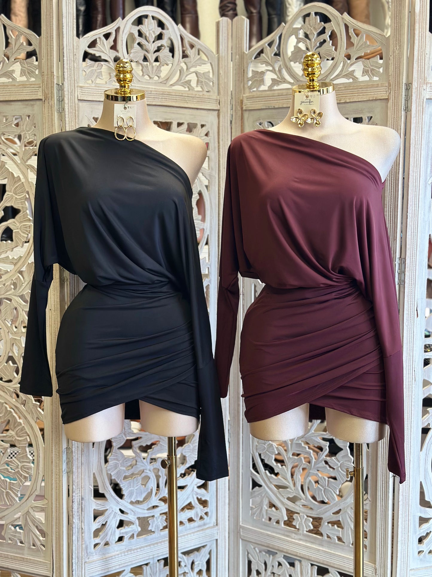 Asymmetrical Off Shoulder Mini Dress- Stretchy,Estira