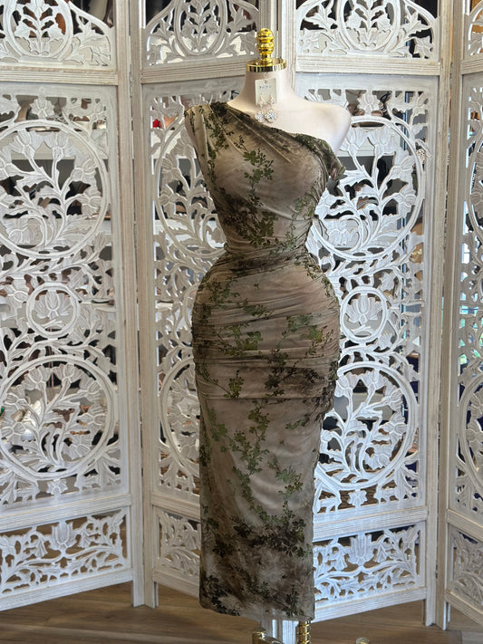 Asymmetrical Taupe Floral Midi Dress- Stretchy , Estira