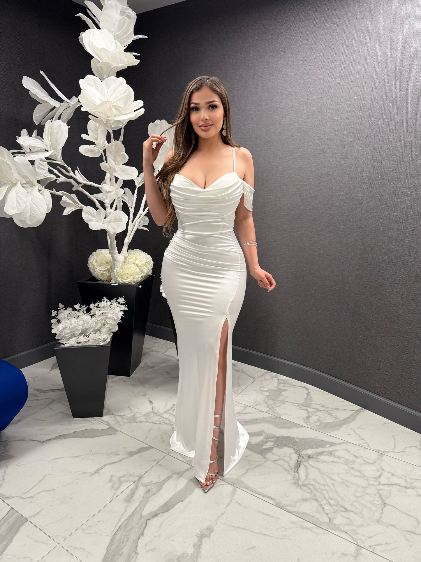Ivory Draped Sleeve Slit Gown-Estira , Stretchy