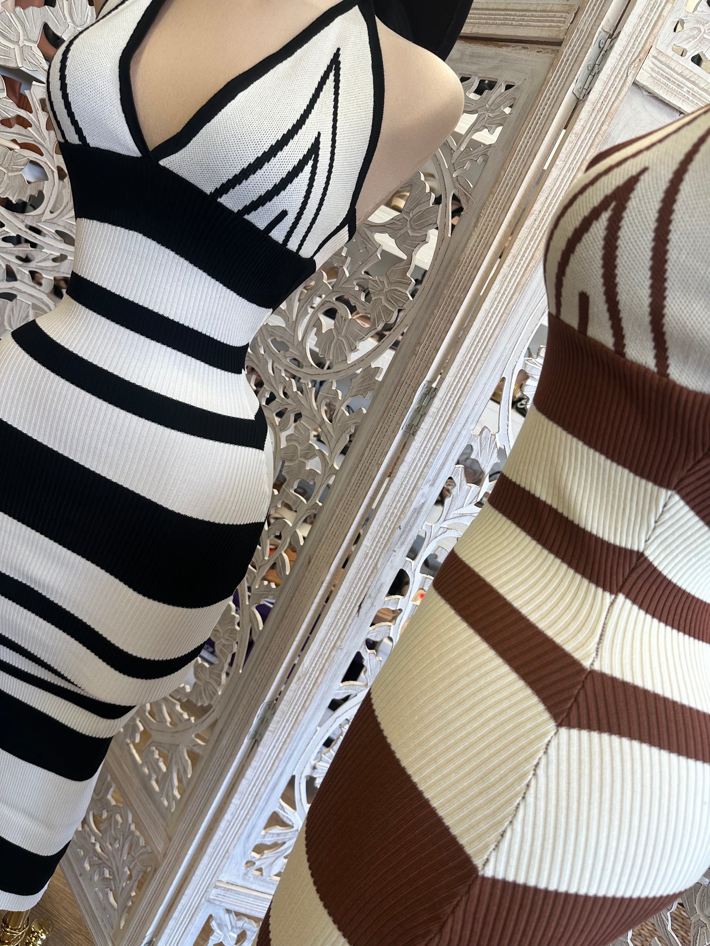 V Striped Ribbed Sweater Mock Neck Dress- Stretchy